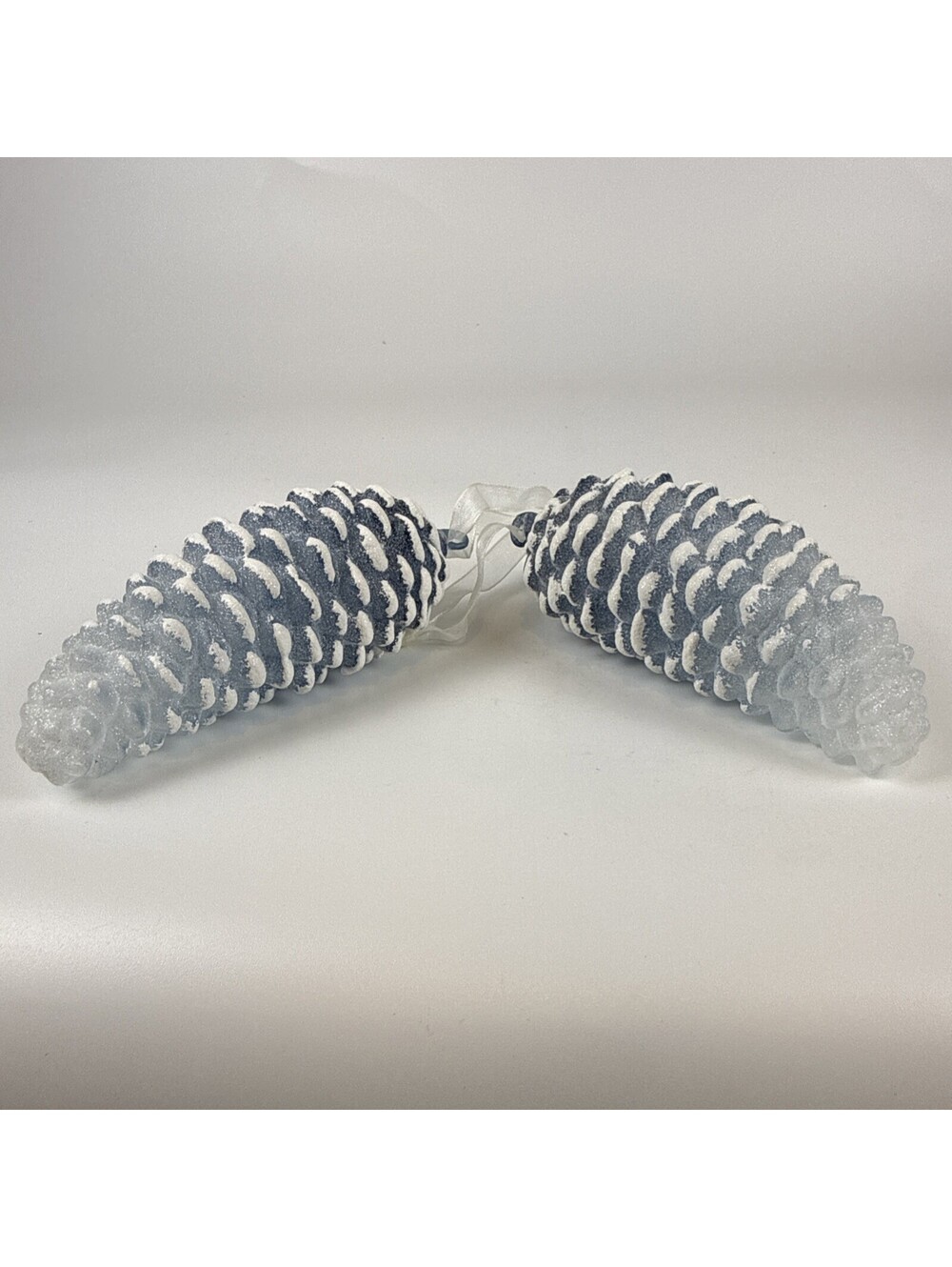 Blown Glass Pinecone Christmas Ornament Set Pair 6" Frosted Silver Glitter Tips